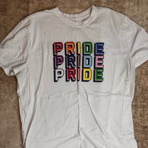 White Cotton S/S T-shirt w/ Pride Written 3x on Front in Colored Letters, XL